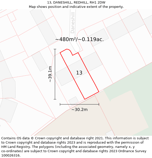 13, DANESHILL, REDHILL, RH1 2DW: Plot and title map