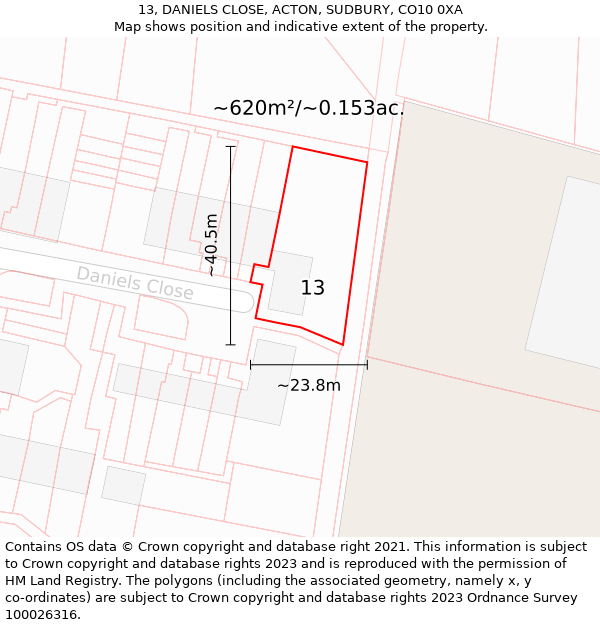 13, DANIELS CLOSE, ACTON, SUDBURY, CO10 0XA: Plot and title map