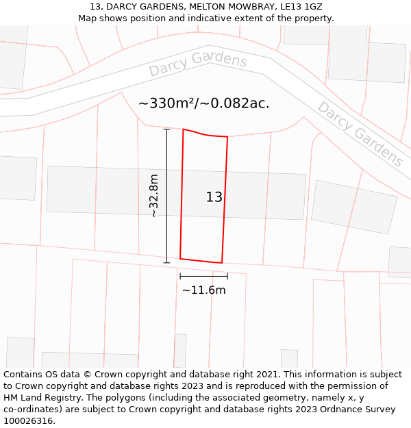 13, DARCY GARDENS, MELTON MOWBRAY, LE13 1GZ: Plot and title map