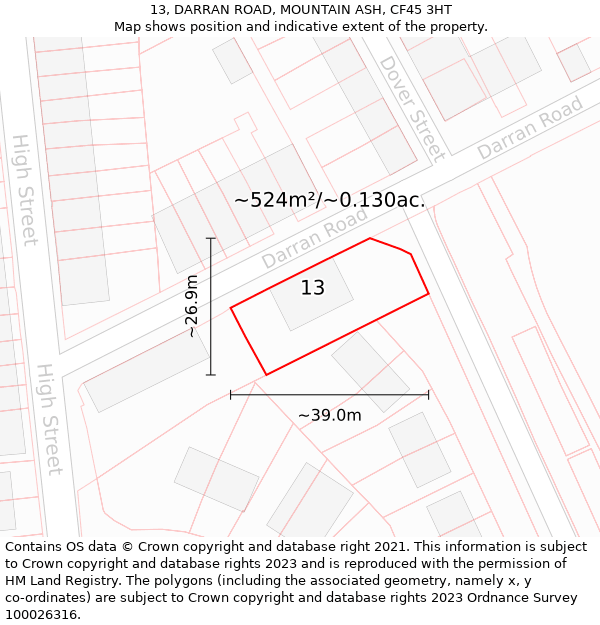 13, DARRAN ROAD, MOUNTAIN ASH, CF45 3HT: Plot and title map