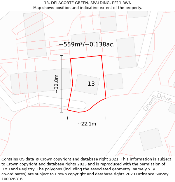 13, DELACORTE GREEN, SPALDING, PE11 3WN: Plot and title map