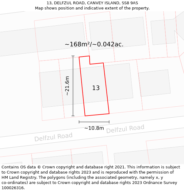 13, DELFZUL ROAD, CANVEY ISLAND, SS8 9AS: Plot and title map