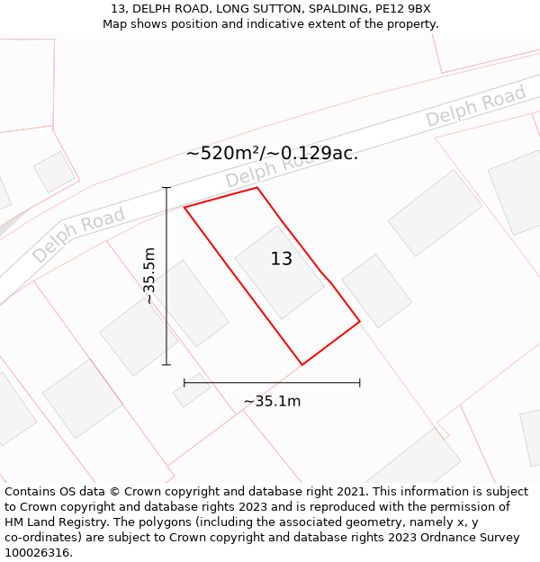 13, DELPH ROAD, LONG SUTTON, SPALDING, PE12 9BX: Plot and title map