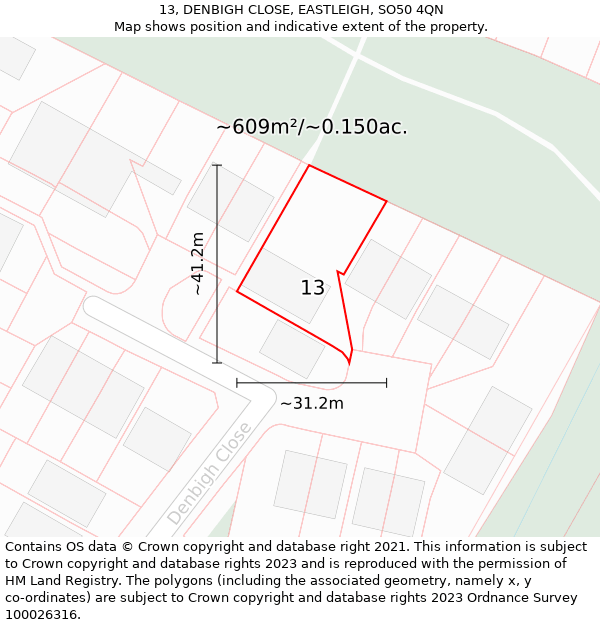 13, DENBIGH CLOSE, EASTLEIGH, SO50 4QN: Plot and title map