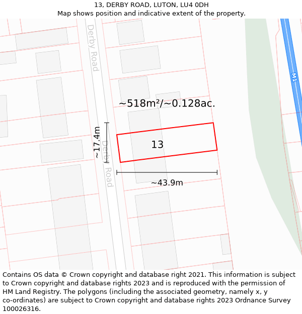 13, DERBY ROAD, LUTON, LU4 0DH: Plot and title map