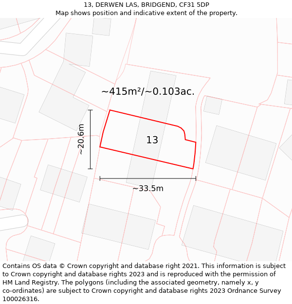 13, DERWEN LAS, BRIDGEND, CF31 5DP: Plot and title map