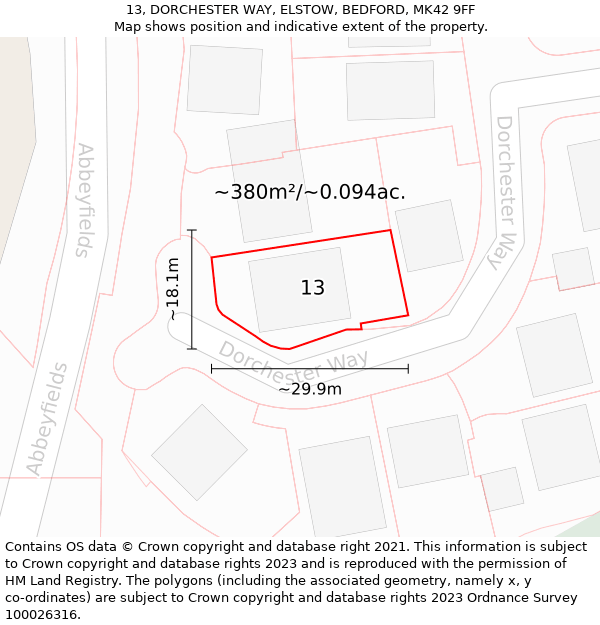 13, DORCHESTER WAY, ELSTOW, BEDFORD, MK42 9FF: Plot and title map