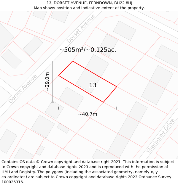 13, DORSET AVENUE, FERNDOWN, BH22 8HJ: Plot and title map