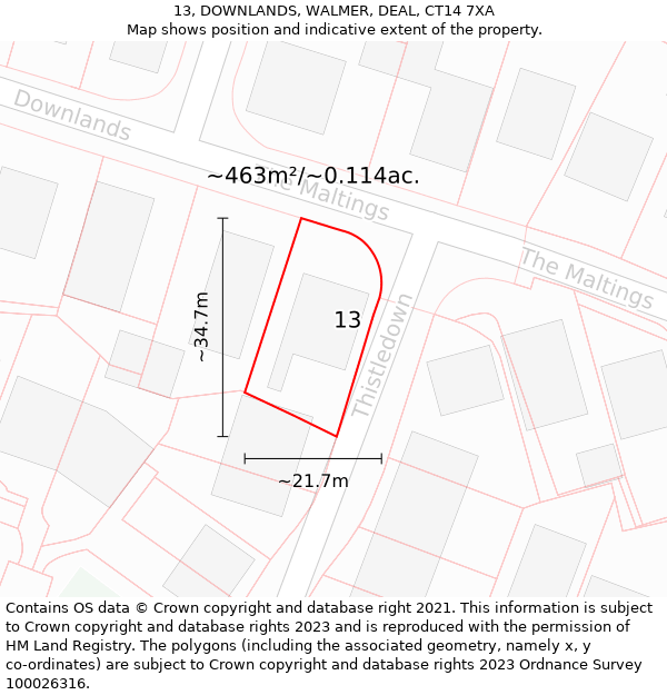 13, DOWNLANDS, WALMER, DEAL, CT14 7XA: Plot and title map