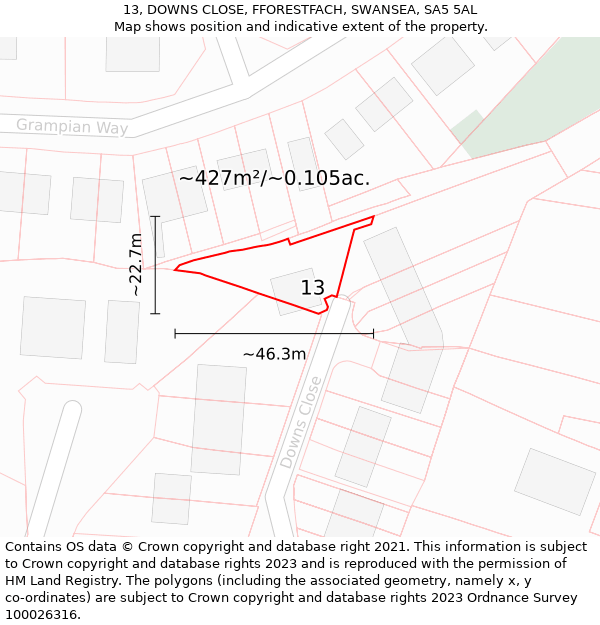 13, DOWNS CLOSE, FFORESTFACH, SWANSEA, SA5 5AL: Plot and title map