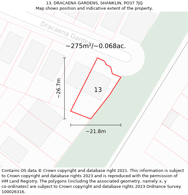 13, DRACAENA GARDENS, SHANKLIN, PO37 7JQ: Plot and title map