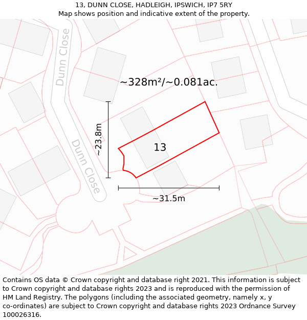 13, DUNN CLOSE, HADLEIGH, IPSWICH, IP7 5RY: Plot and title map