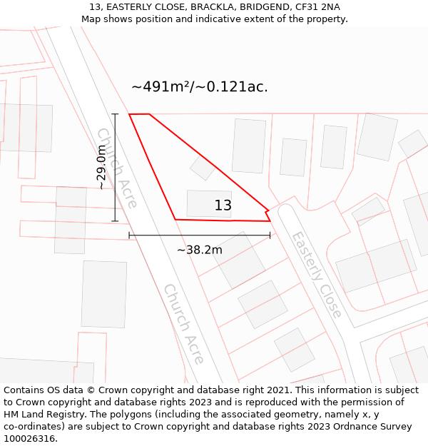 13, EASTERLY CLOSE, BRACKLA, BRIDGEND, CF31 2NA: Plot and title map