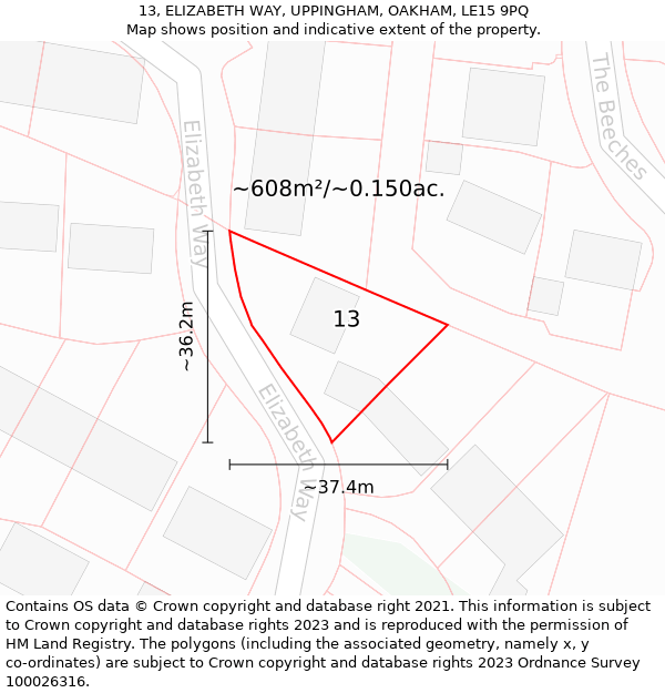 13, ELIZABETH WAY, UPPINGHAM, OAKHAM, LE15 9PQ: Plot and title map