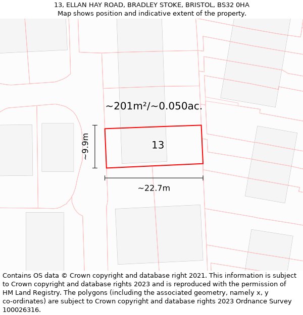 13, ELLAN HAY ROAD, BRADLEY STOKE, BRISTOL, BS32 0HA: Plot and title map