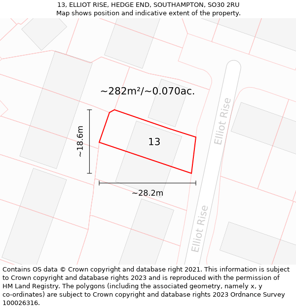 13, ELLIOT RISE, HEDGE END, SOUTHAMPTON, SO30 2RU: Plot and title map