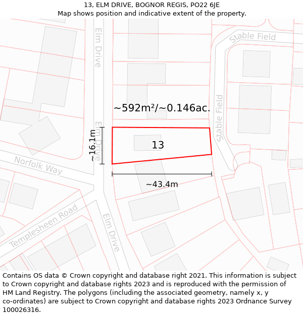 13, ELM DRIVE, BOGNOR REGIS, PO22 6JE: Plot and title map