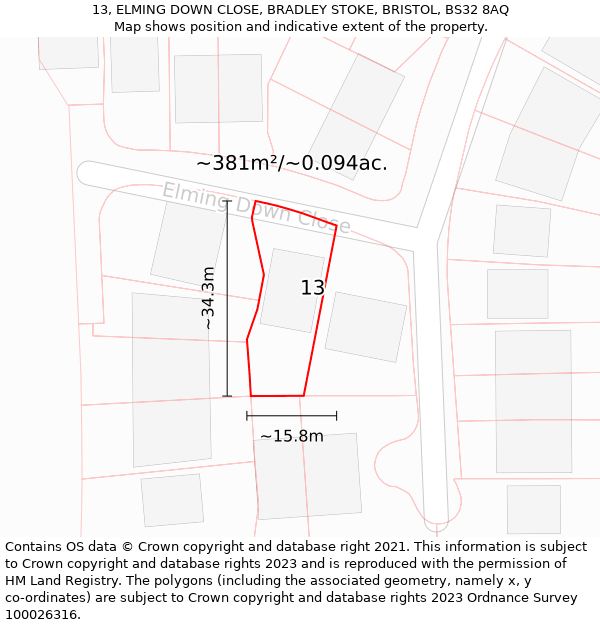 13, ELMING DOWN CLOSE, BRADLEY STOKE, BRISTOL, BS32 8AQ: Plot and title map