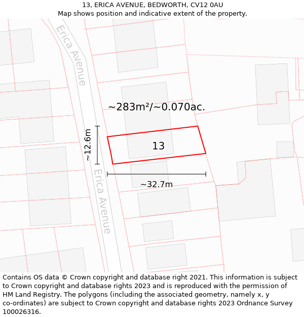 13, ERICA AVENUE, BEDWORTH, CV12 0AU: Plot and title map