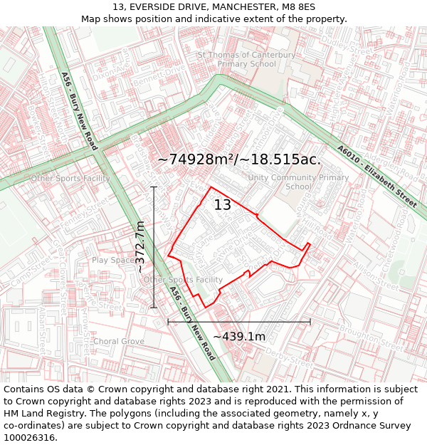 13, EVERSIDE DRIVE, MANCHESTER, M8 8ES: Plot and title map