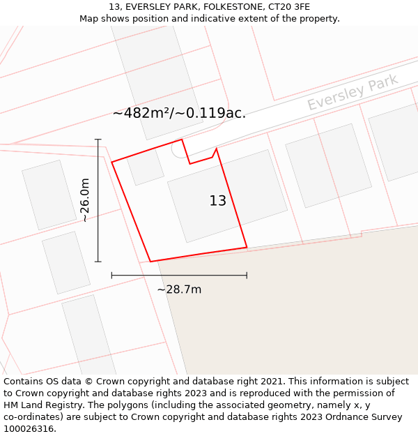 13, EVERSLEY PARK, FOLKESTONE, CT20 3FE: Plot and title map
