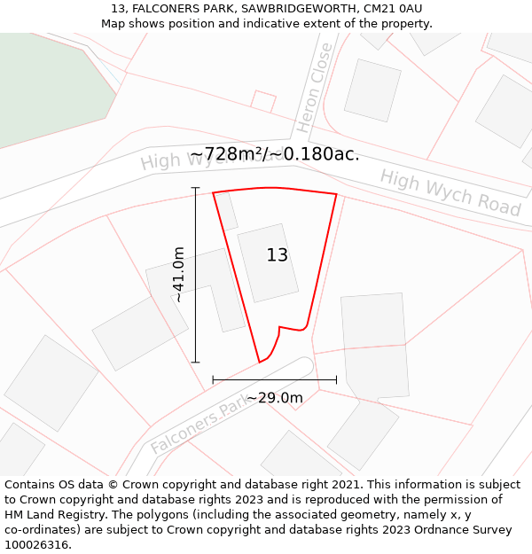 13, FALCONERS PARK, SAWBRIDGEWORTH, CM21 0AU: Plot and title map