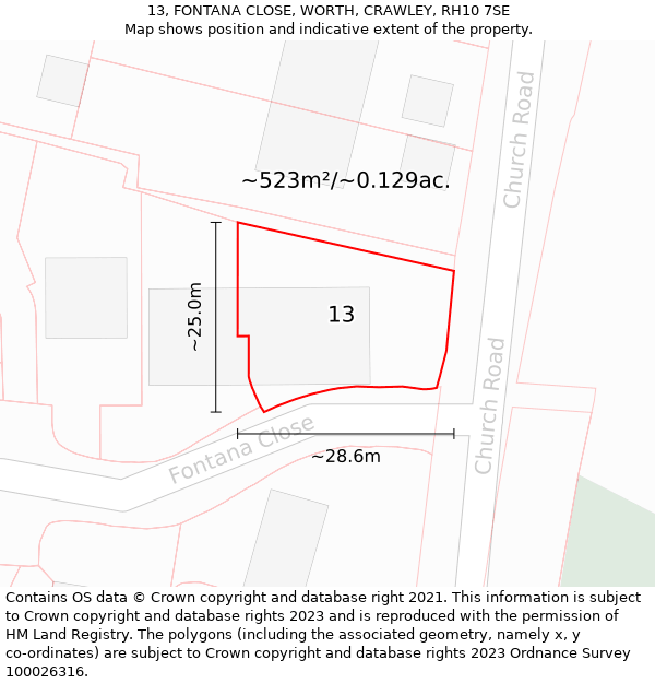 13, FONTANA CLOSE, WORTH, CRAWLEY, RH10 7SE: Plot and title map