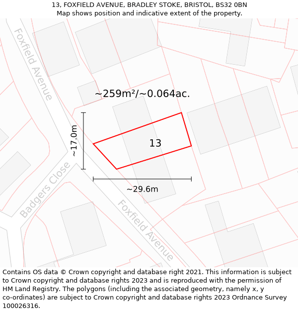 13, FOXFIELD AVENUE, BRADLEY STOKE, BRISTOL, BS32 0BN: Plot and title map