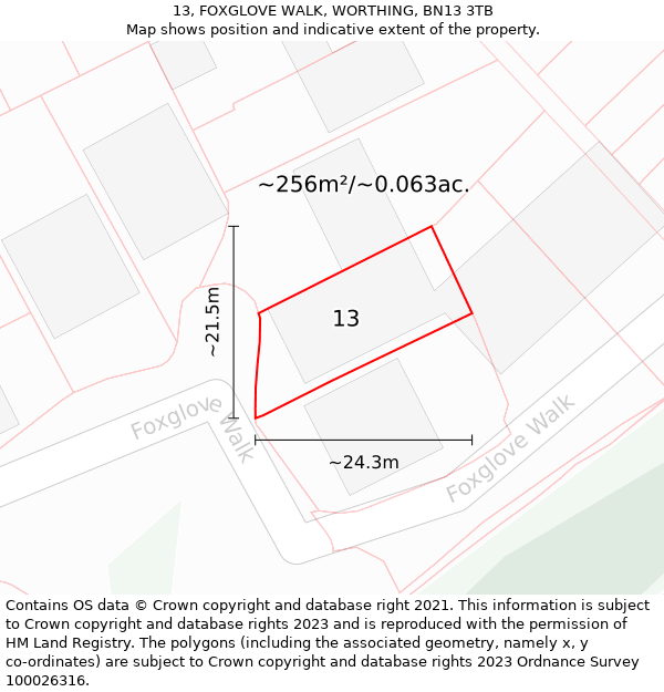 13, FOXGLOVE WALK, WORTHING, BN13 3TB: Plot and title map