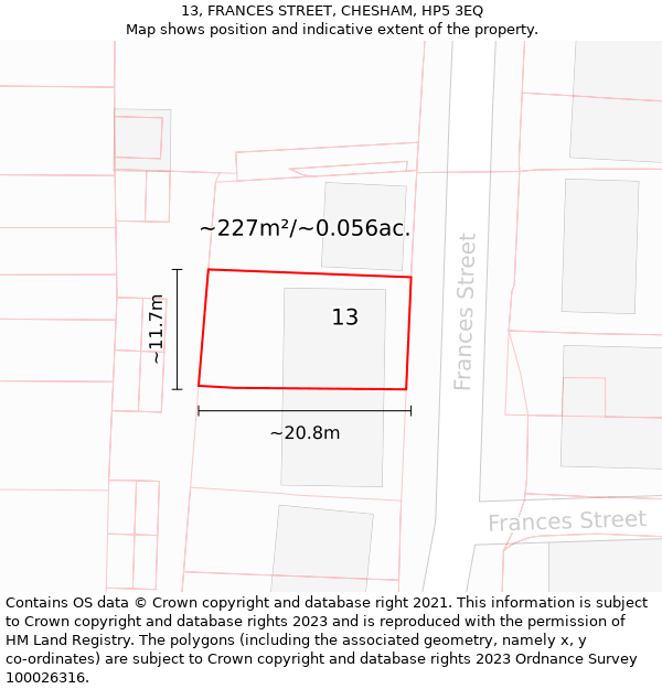 13, FRANCES STREET, CHESHAM, HP5 3EQ: Plot and title map