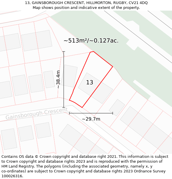 13, GAINSBOROUGH CRESCENT, HILLMORTON, RUGBY, CV21 4DQ: Plot and title map