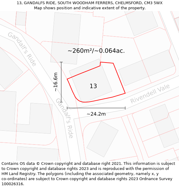 13, GANDALFS RIDE, SOUTH WOODHAM FERRERS, CHELMSFORD, CM3 5WX: Plot and title map