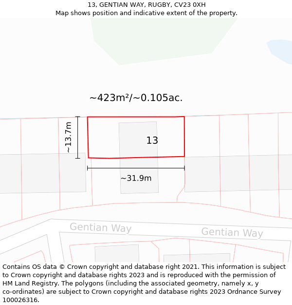 13, GENTIAN WAY, RUGBY, CV23 0XH: Plot and title map