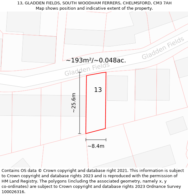 13, GLADDEN FIELDS, SOUTH WOODHAM FERRERS, CHELMSFORD, CM3 7AH: Plot and title map