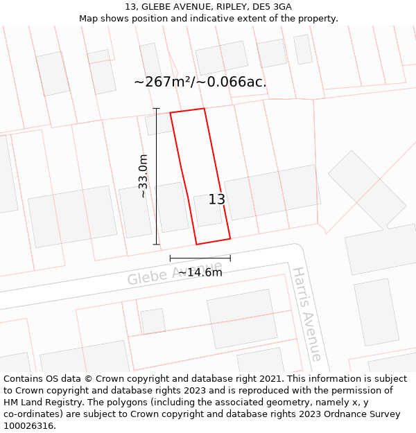 13, GLEBE AVENUE, RIPLEY, DE5 3GA: Plot and title map