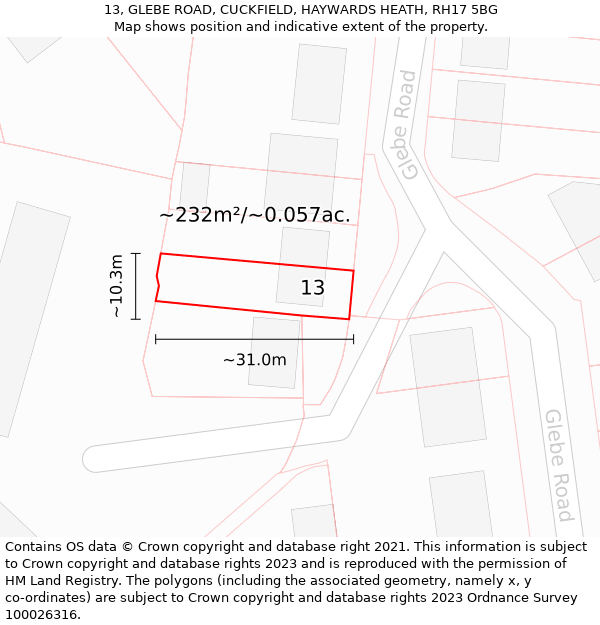 13, GLEBE ROAD, CUCKFIELD, HAYWARDS HEATH, RH17 5BG: Plot and title map