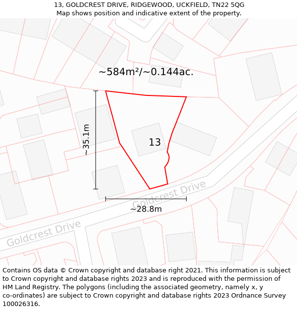 13, GOLDCREST DRIVE, RIDGEWOOD, UCKFIELD, TN22 5QG: Plot and title map