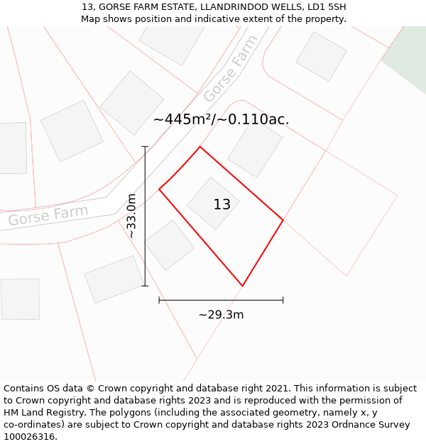 13, GORSE FARM ESTATE, LLANDRINDOD WELLS, LD1 5SH: Plot and title map