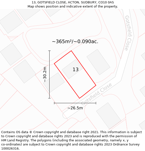 13, GOTSFIELD CLOSE, ACTON, SUDBURY, CO10 0AS: Plot and title map