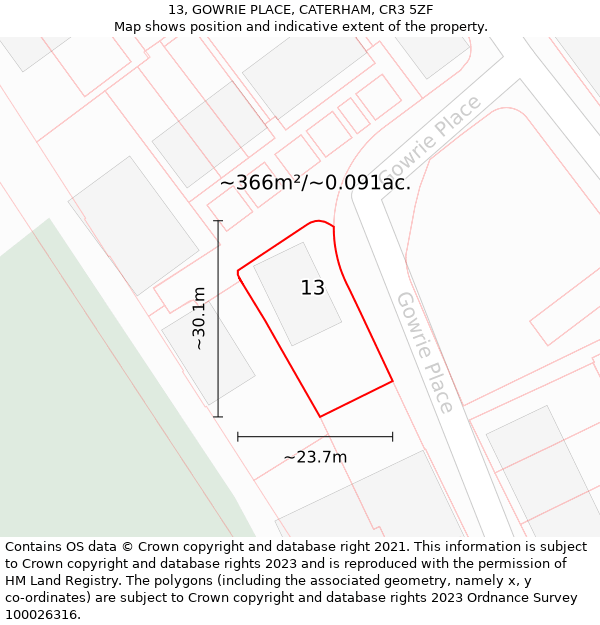 13, GOWRIE PLACE, CATERHAM, CR3 5ZF: Plot and title map