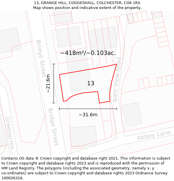 13, GRANGE HILL, COGGESHALL, COLCHESTER, CO6 1RA: Plot and title map