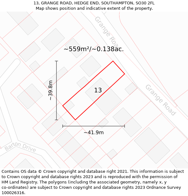 13, GRANGE ROAD, HEDGE END, SOUTHAMPTON, SO30 2FL: Plot and title map