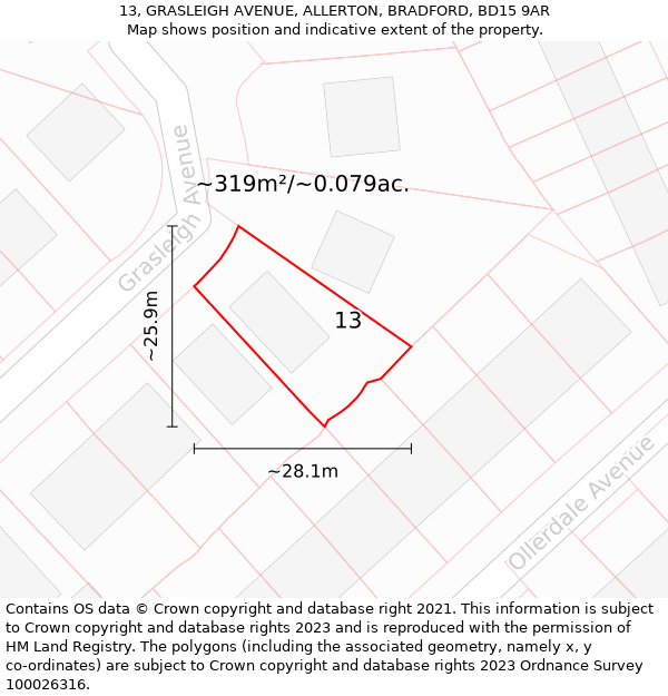 13, GRASLEIGH AVENUE, ALLERTON, BRADFORD, BD15 9AR: Plot and title map