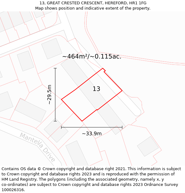 13, GREAT CRESTED CRESCENT, HEREFORD, HR1 1FG: Plot and title map