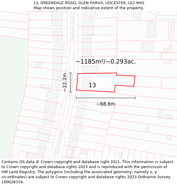 13, GREENDALE ROAD, GLEN PARVA, LEICESTER, LE2 9HD: Plot and title map