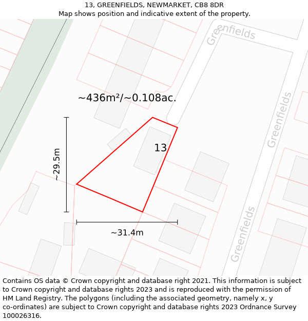 13, GREENFIELDS, NEWMARKET, CB8 8DR: Plot and title map