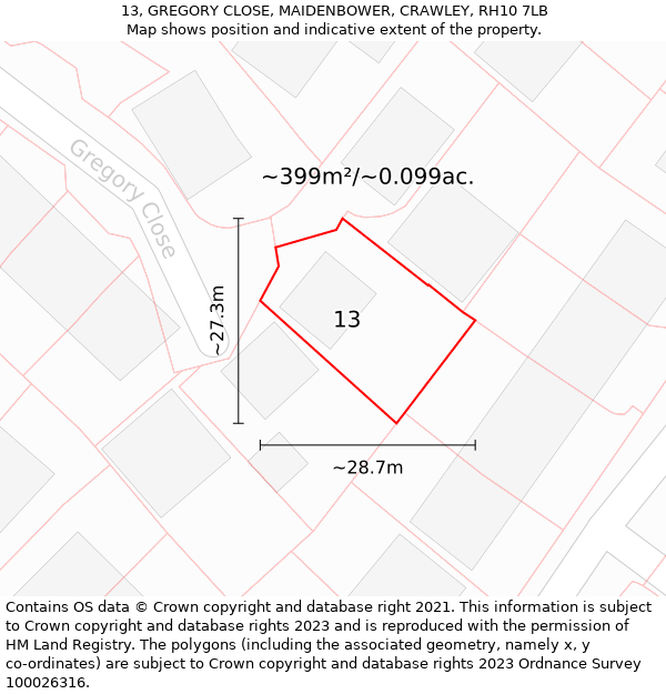 13, GREGORY CLOSE, MAIDENBOWER, CRAWLEY, RH10 7LB: Plot and title map