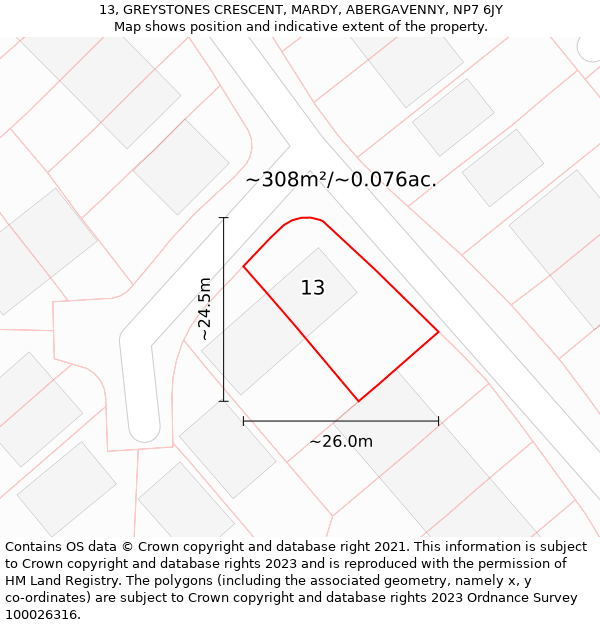 13, GREYSTONES CRESCENT, MARDY, ABERGAVENNY, NP7 6JY: Plot and title map