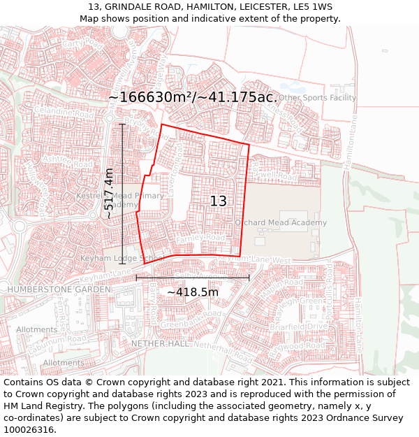 13, GRINDALE ROAD, HAMILTON, LEICESTER, LE5 1WS: Plot and title map