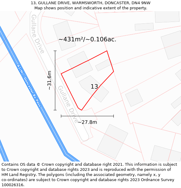 13, GULLANE DRIVE, WARMSWORTH, DONCASTER, DN4 9NW: Plot and title map